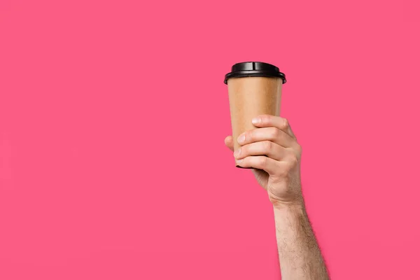 Cropped Shot Man Holding Disposable Coffee Cup Isolated Pink — Stock Photo, Image