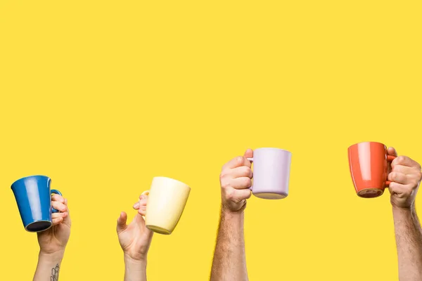 Cropped Shot People Holding Colorful Cups Isolated Yellow — Stock Photo, Image