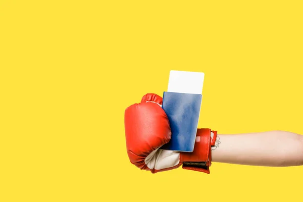 Cropped Shot Person Boxing Glove Holding Passport Boarding Pass Isolated — Stock Photo, Image