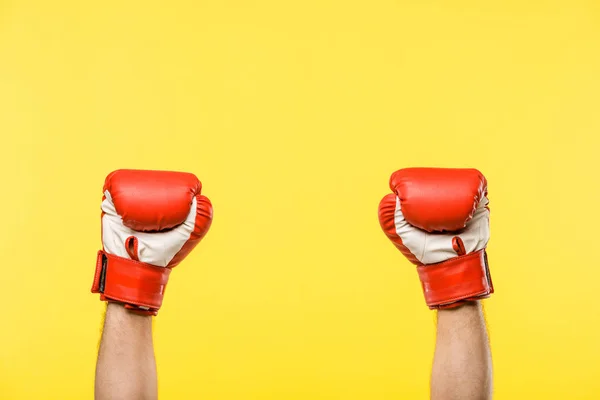 Close Partial View Person Boxing Gloves Isolated Yellow — Stock Photo, Image