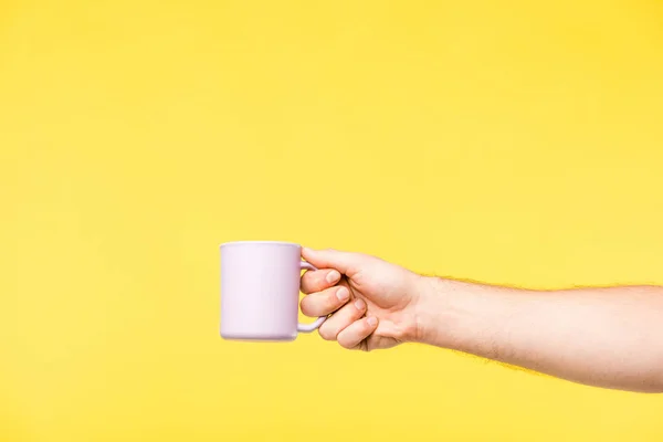 Cropped Shot Person Holding White Cup Isolated Yellow — Stock Photo, Image