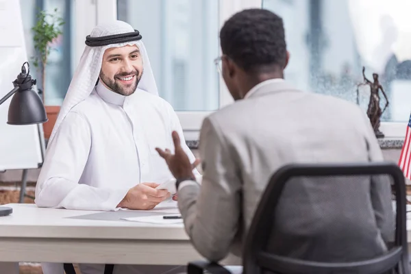 Arabian Businessman Sitting Desk Looking African American Partner Office — Stock Photo, Image