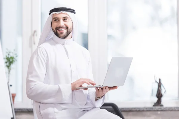 Arabian Businessman Holding Laptop Modern Office — Stock Photo, Image