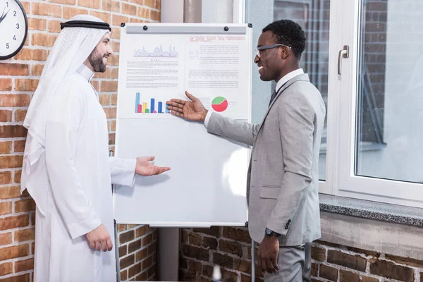 African American Businessman Showing Charts Graphs Whiteboard — Stock Photo, Image