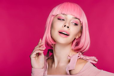 şehvetli şık kız pembe peruk, pink izole poz