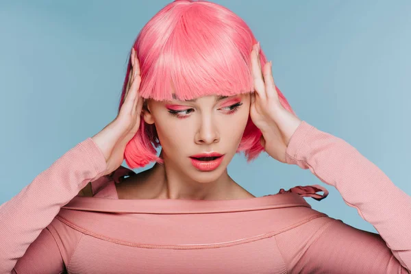 Fashionable Girl Gesturing Posing Pink Wig Isolated Blue — Stock Photo, Image