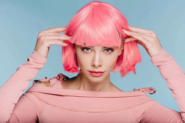 Attractive Stylish Girl Posing Pink Wig Isolated Blue — Free Stock Photo