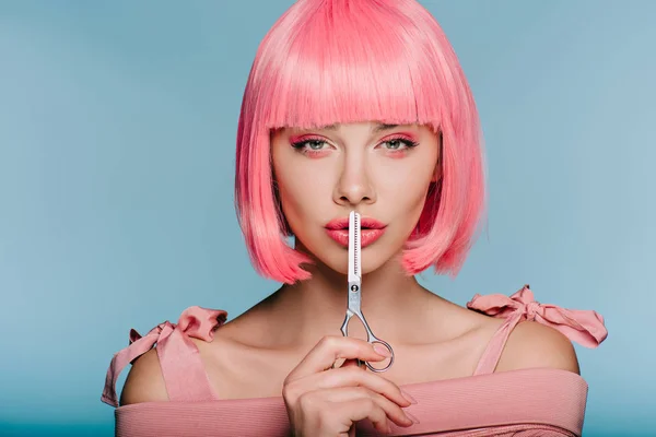 Stylish Sensual Girl Pink Wig Showing Silence Symbol Scissors Isolated — Stock Photo, Image