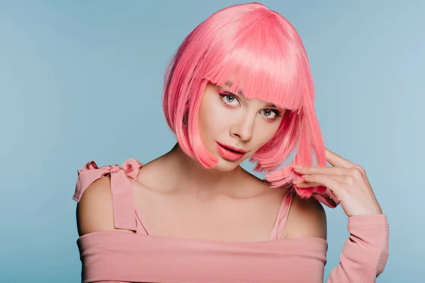 Charming Girl Posing Pink Wig Fashion Shoot Isolated Blue — Stock Photo, Image