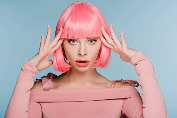 Attractive Shocked Girl Gesturing Posing Pink Wig Isolated Blue — Stock Photo, Image