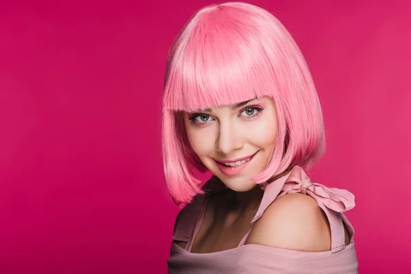 Beautiful Stylish Young Woman Pink Wig Biting Lip Isolated Pink — Stock Photo, Image