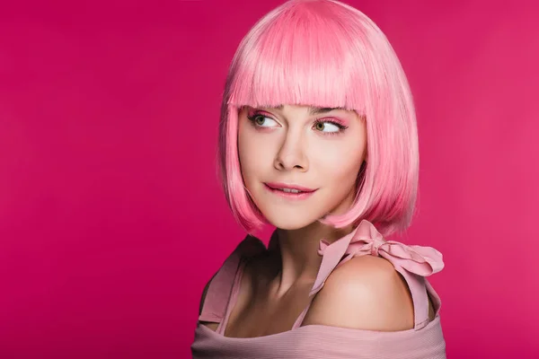 Beautiful Sensual Woman Pink Wig Biting Lip Isolated Pink — Stock Photo, Image