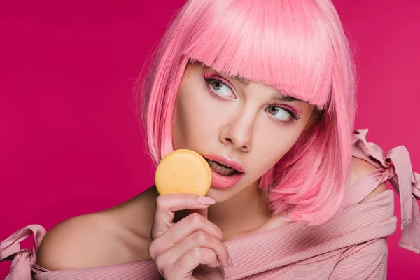 Attractive Sensual Girl Pink Wig Posing Macaron Isolated Pink — Stock Photo, Image