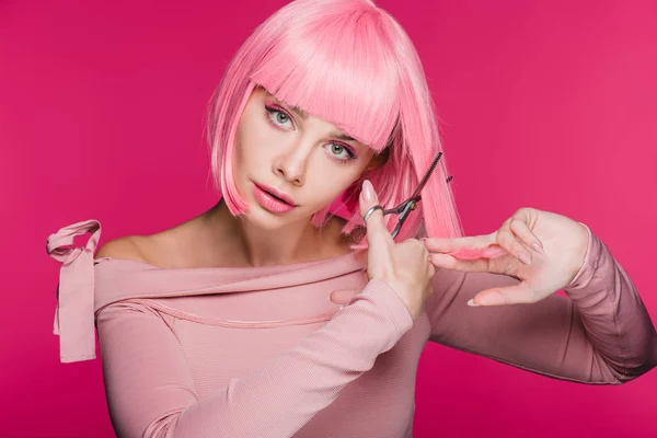 Fashionable Young Woman Cutting Pink Hair Scissors Isolated Pink — Stock Photo, Image