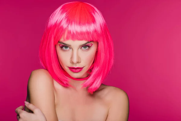 Attractive Stylish Naked Girl Posing Neon Pink Wig Isolated Pink — Stock Photo, Image