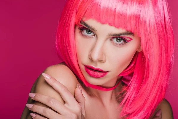 Beautiful Sensual Girl Posing Neon Pink Wig Isolated Pink — Free Stock Photo