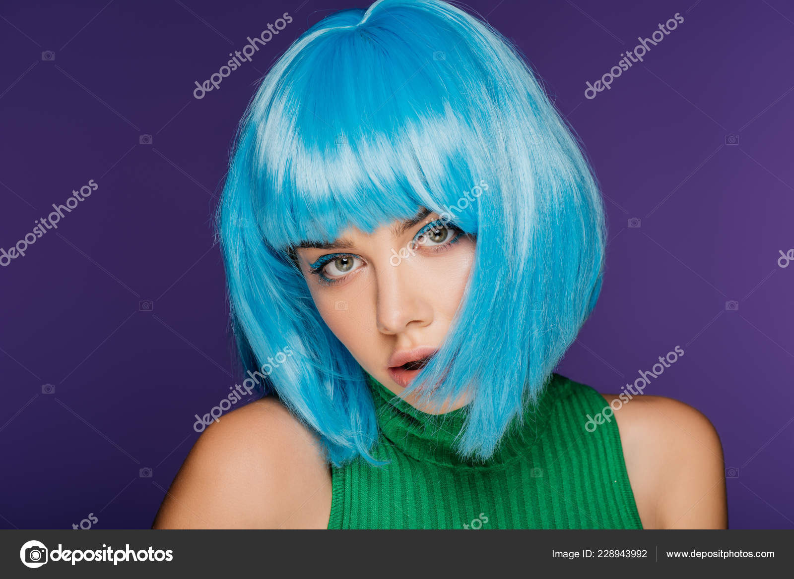Beautiful Stylish Girl Posing Blue Wig Isolated Purple — Stock Photo