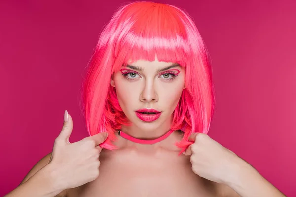 Beautiful Young Woman Posing Neon Pink Wig Isolated Pink — Stock Photo, Image
