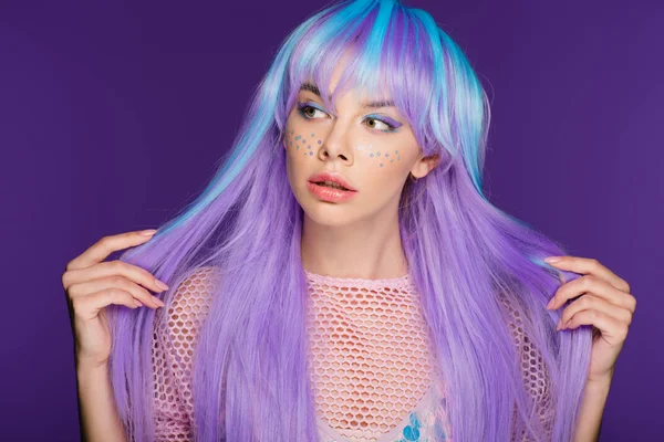 Attractive Pretty Girl Posing Violet Wig Stars Face Isolated Purple — Stock Photo, Image