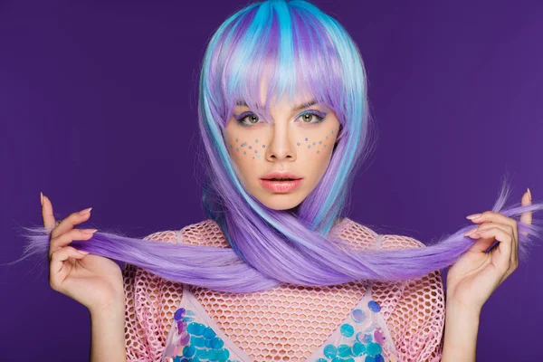 Beautiful Young Woman Posing Violet Wig Stars Face Isolated Purple — Stock Photo, Image