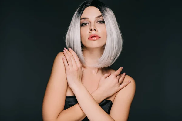 Beautiful Glamor Girl Posing Grey Wig Isolated Black — Stock Photo, Image