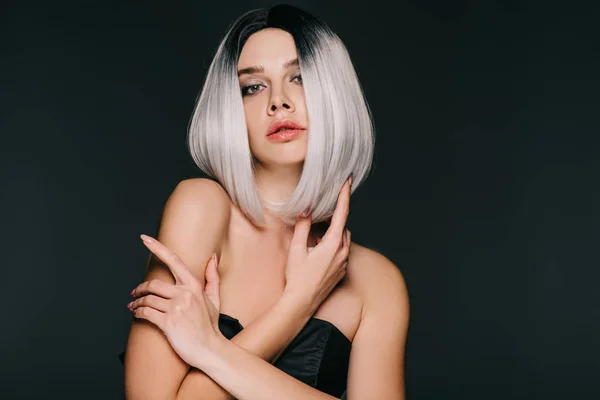 Beautiful Fashionable Young Woman Posing Grey Wig Isolated Black — Stock Photo, Image
