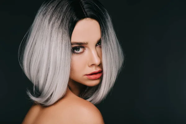 Beautiful Sensual Model Posing Grey Wig Isolated Black — Stock Photo, Image