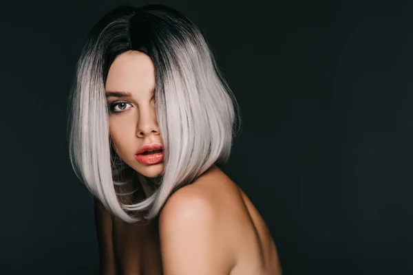 Beautiful Sensual Naked Girl Posing Grey Wig Isolated Black — Stock Photo, Image