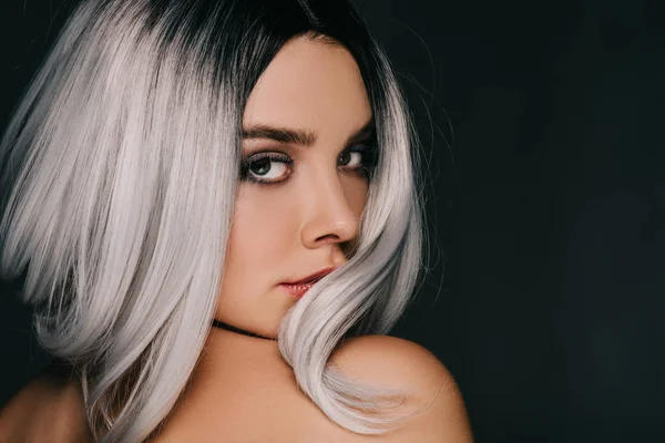 Beautiful Fashionable Girl Posing Grey Wig Isolated Black — Stock Photo, Image