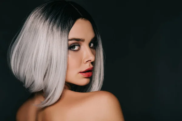 Attractive Girl Posing Grey Wig Isolated Black — Stock Photo, Image