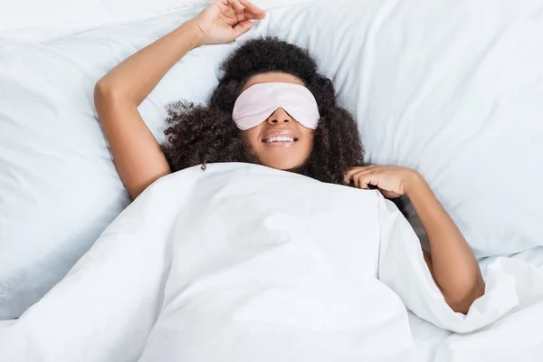 Joyful African American Girl Eyes Covered Sleeping Blindfold Bed Morning — Free Stock Photo