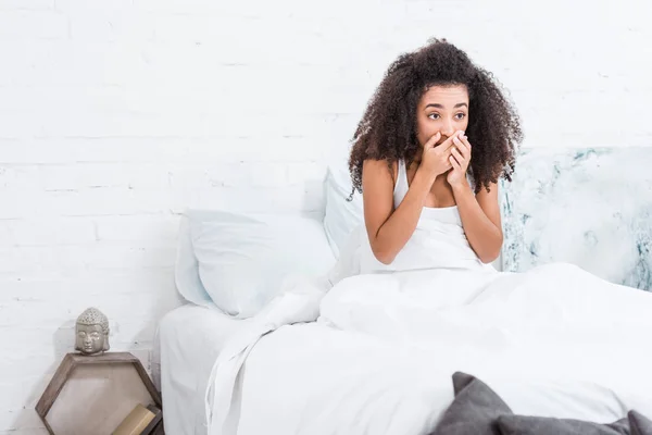 Beautiful Curly Woman Yawning Covering Mouth Hand Bed Home — Stock Photo, Image