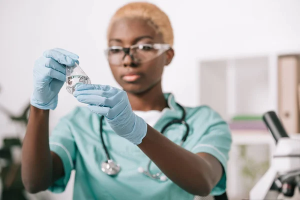 Attractive African American Scientist Holding Laboratory Flask Lab — Stock Photo, Image