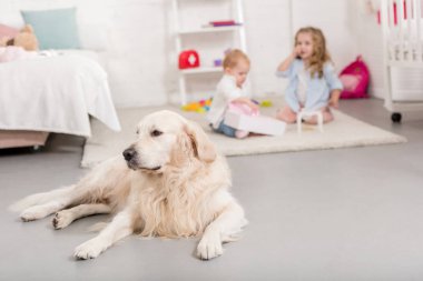 seçici odak çocukların oyuncakları ile oynarken yakınındaki çocuk odasında yalan şirin altın geri almak