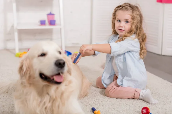 可爱的学龄前儿童假装兽医和检查金毛猎犬在儿童房 — 图库照片