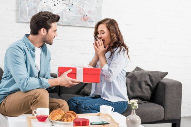 adam kanepede oturan ve oturma odasında sürpriz Kadın Doğum günü hediye kutusu sunmak