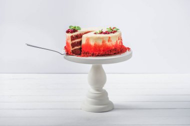 beyaz izole spatula ile stand frenk üzümü ve nane yaprakları ile beyaz kek dekore edilmiş 