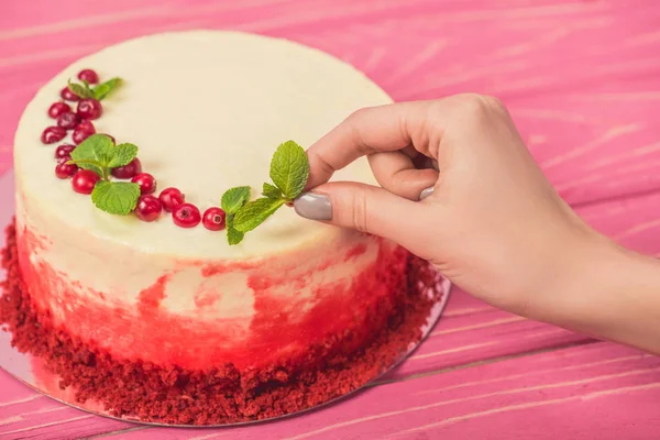 Cropped View Woman Touching Cake Decorated Currants Mint Leaves Fruits — Stock Photo, Image