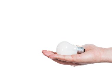 cropped view of fluorescent lamp in hand of man isolated on white, energy efficiency concept clipart