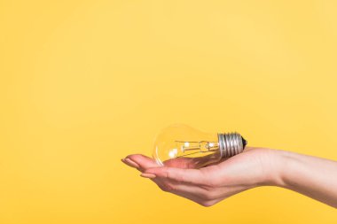 cropped view of woman holding led lamp isolated on yellow, energy efficiency concept clipart