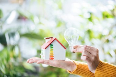 cropped view of woman holding led lamp and carton house, energy efficiency at home concept clipart
