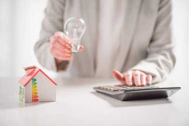 Beyaz arka planda, enerji verimliliği ev concept, lamba karton ev ve hesap makinesi yakın tutan kadın kırpılmış görünümünü açtı