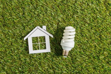 top view of fluorescent lamp near paper house on green grass, energy efficiency at home concept clipart