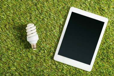 floresan lamba yakınındaki dijital tablet ile boş perde üstten görünüm yeşil çimen, enerji verimliliği kavramı üzerinde