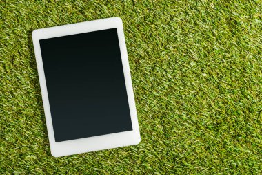 Dijital tablet ile boş perde üstten görünüm yeşil çimen, enerji verimliliği kavramı üzerinde