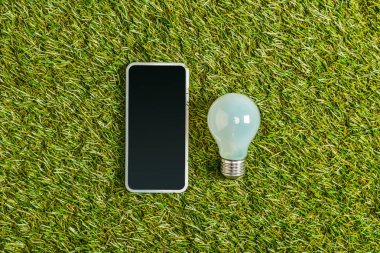 floresan lamba ile boş perde smartphone yakınındaki üstten görünüm yeşil çimen, enerji verimliliği kavramı üzerinde 