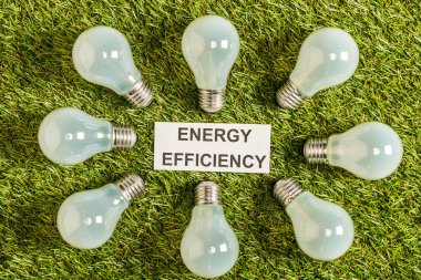 üstten görünüm floresan lambalar kağıt kartı yeşil çimen, enerji verimliliği kavramı üzerinde yakınındaki