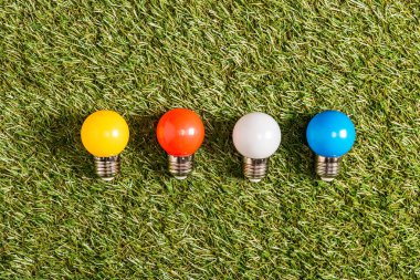 yeşil çimen, enerji verimliliği kavramı üzerinde renkli floresan lambaların düz lay