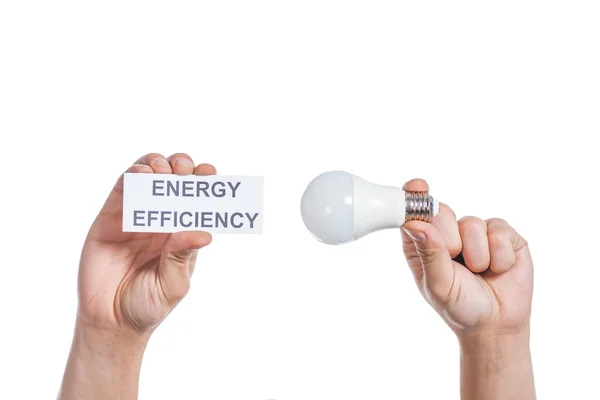 에너지 효율성의 글자와 램프와 카드를 자른된 — 스톡 사진