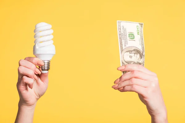 floresan lamba ve 100 dolarlık banknot sarı, enerji verimliliği kavramı izole elinde tutan eller kırpılmış görünümünü